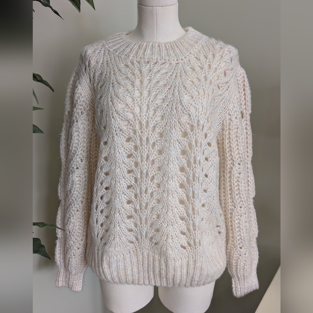 Bishop + Young Women's Cream Sweater Open Knit Puff Sleeve Size Medium